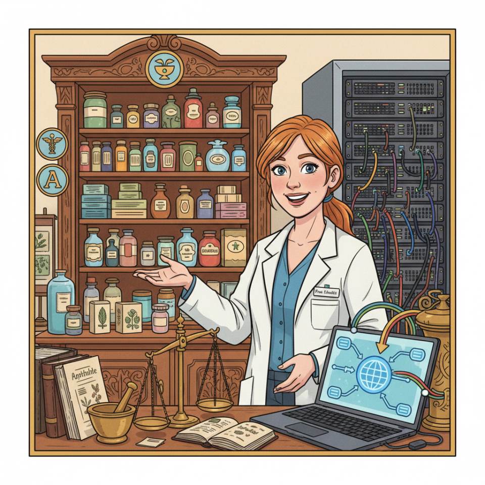 Comic-Darstellung einer Apothekerin mit Rezept, Arzneimittelschubladen und Beratungstheke in einer hellen Apotheke