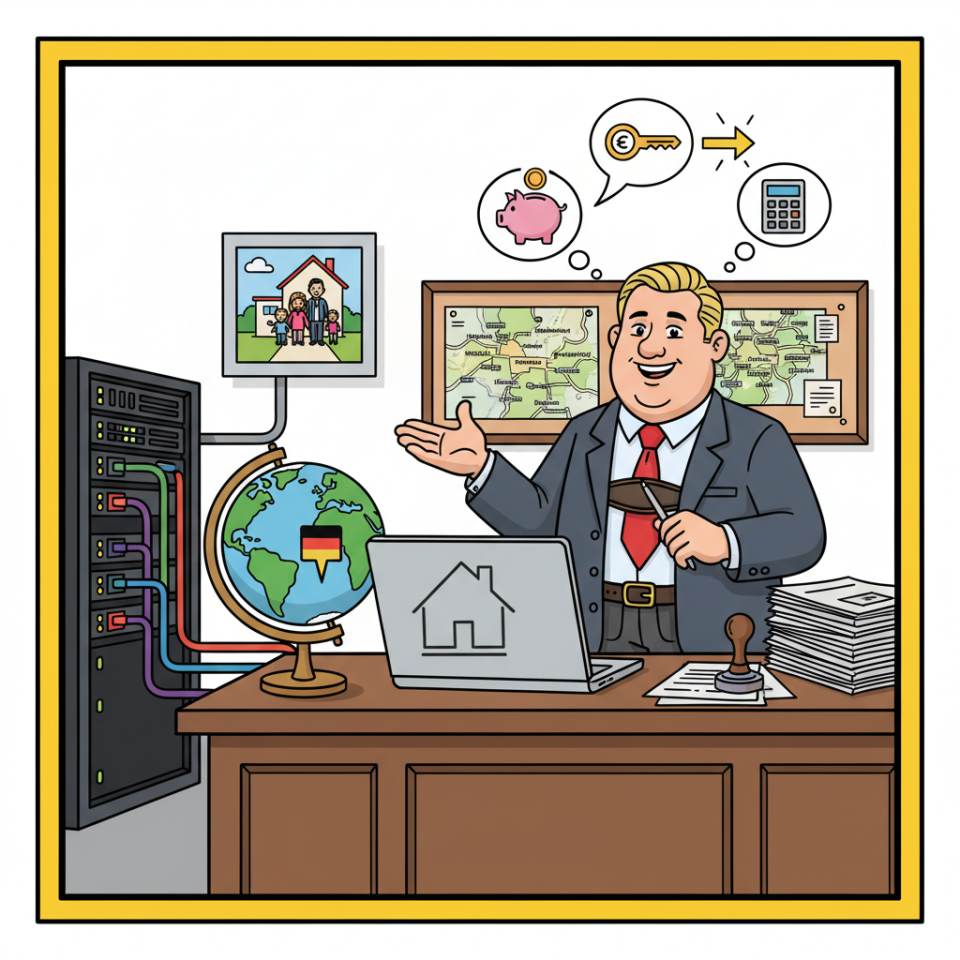 Comic-Darstellung eines Immobilienkaufmanns mit Laptop und Exposé vor einem Mehrfamilienhaus