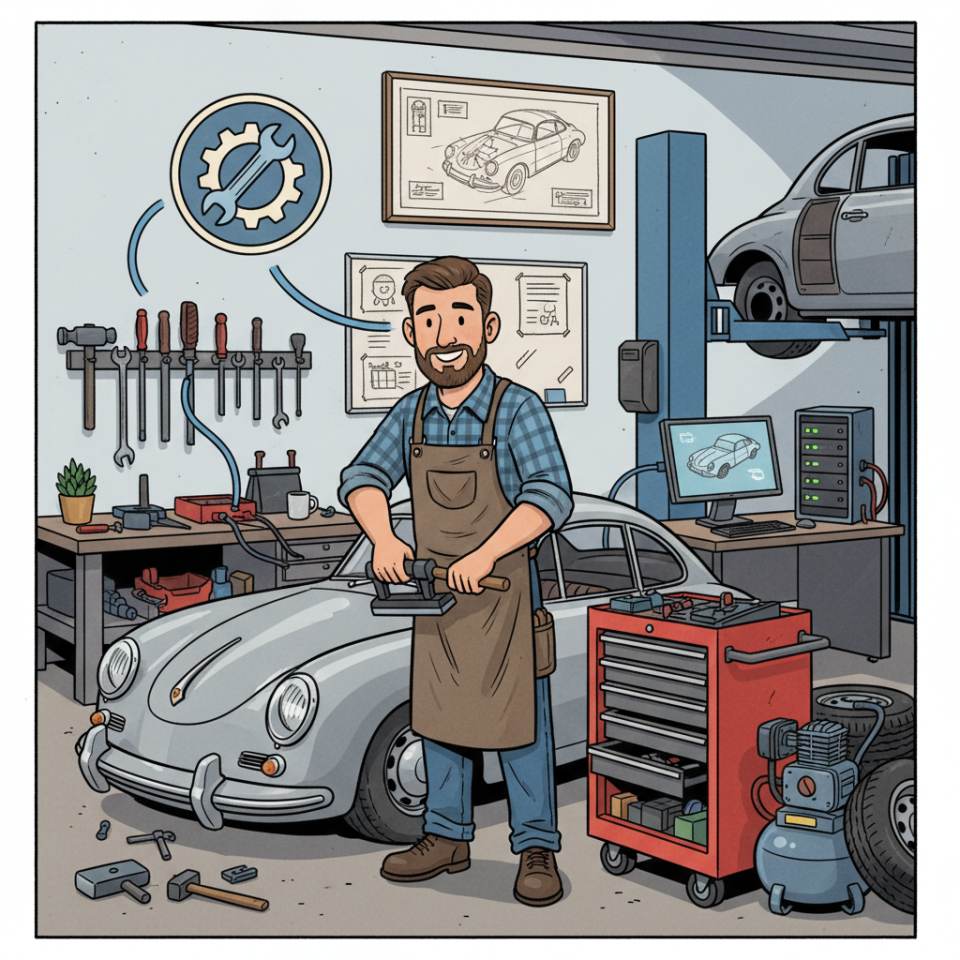 Comic-Darstellung eines Karosseriebauers mit Richtwerkzeug und Fahrzeugkarosserie in der Werkstatt