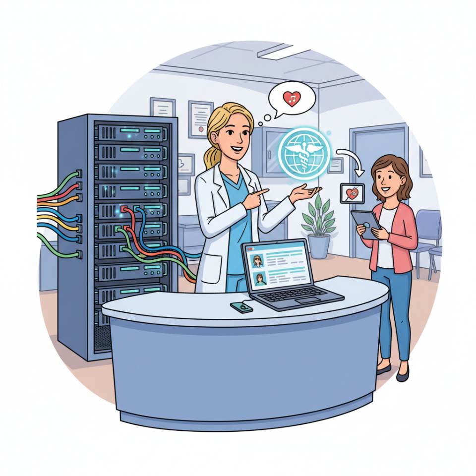 Comic-Darstellung einer Medizinischen Fachangestellten mit Patientenakte und Blutdruckmessgerät in einer Arztpraxis