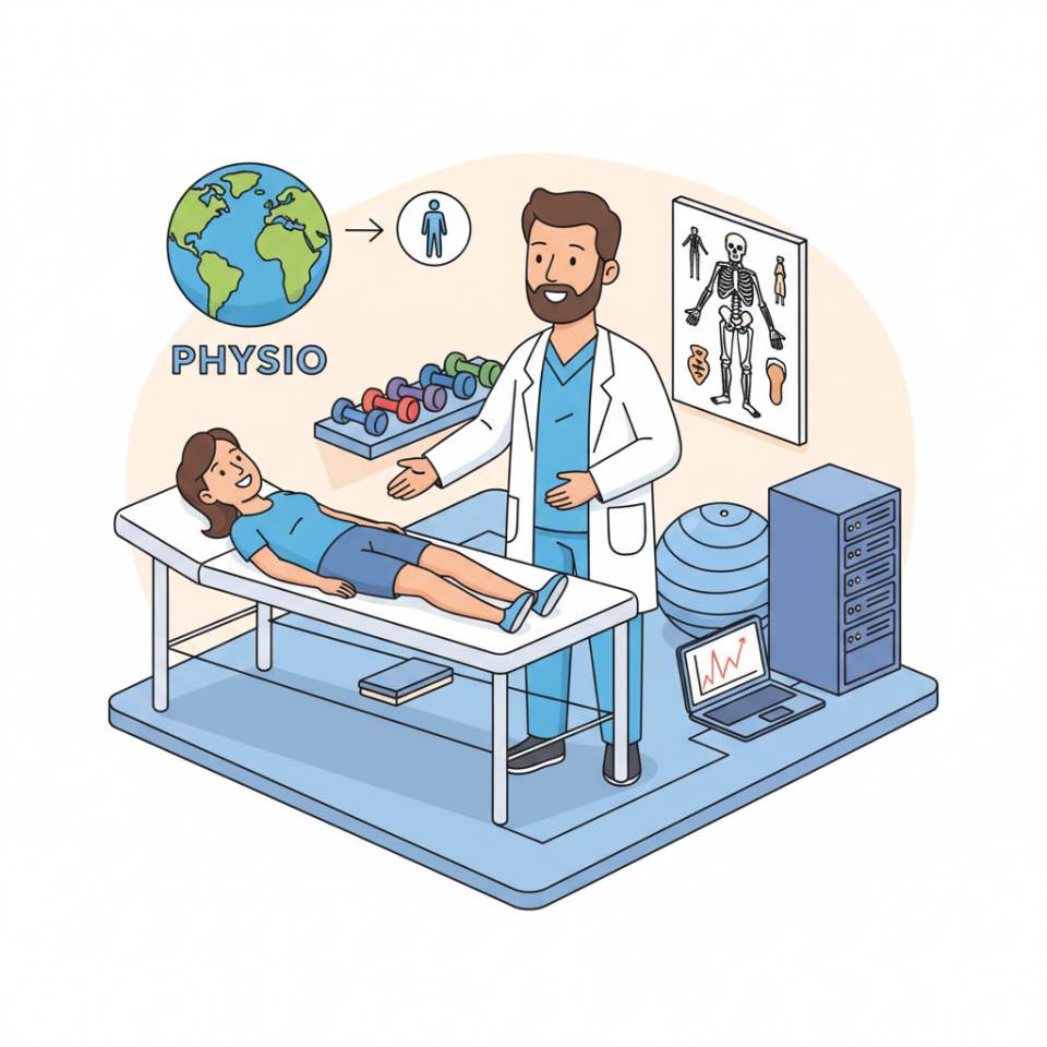 Comic-Darstellung eines Physiotherapeuten bei einer Behandlung an der Therapieliege