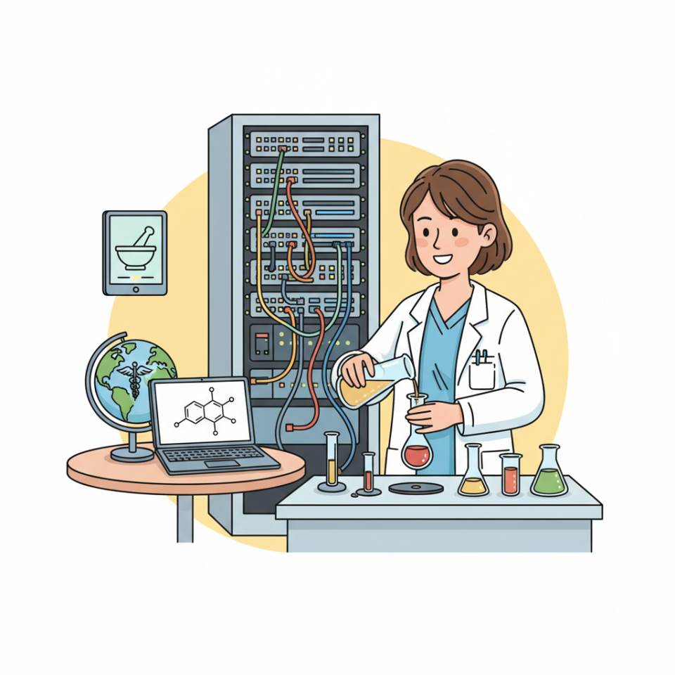 Comic-Darstellung einer PTA an der Apothekentheke mit Rezepturwaage, Arzneimittelschubladen und Beratungsunterlagen in einer hellen Offizin