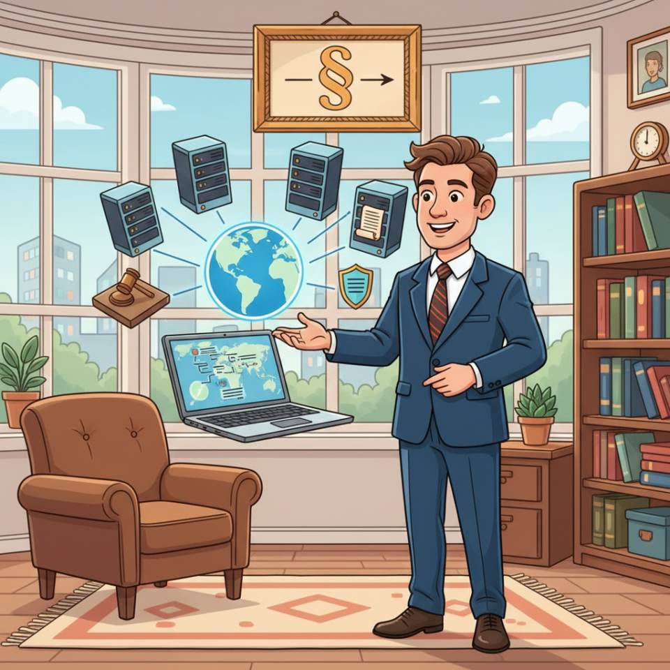 Comic-Darstellung eines Rechtsanwalts mit Robe, Aktenmappe und Gesetzbüchern in einem hellen Kanzleizimmer