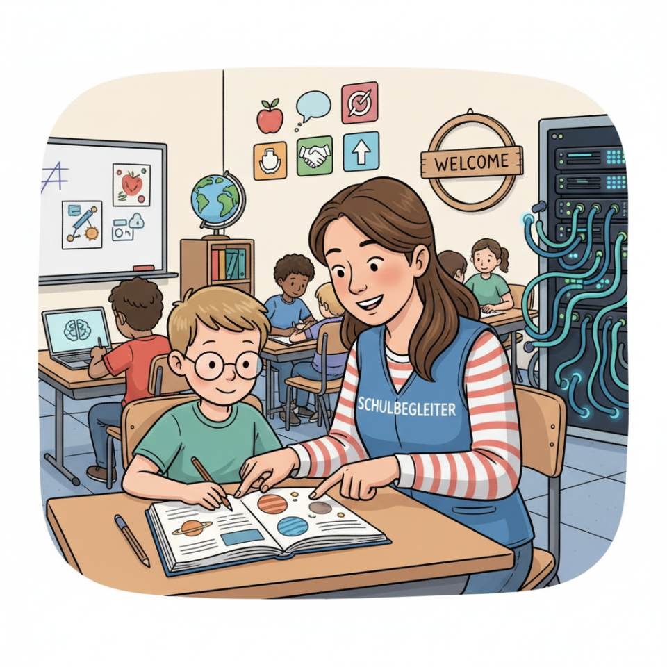 Comic-Darstellung eines Schulbegleiters, der einem Schüler im Klassenraum beim Lernen hilft