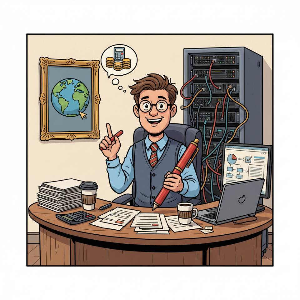 Comic-Darstellung eines Steuerfachwirts am Schreibtisch mit Bilanzunterlagen, Laptop, Taschenrechner und Mandantenakten