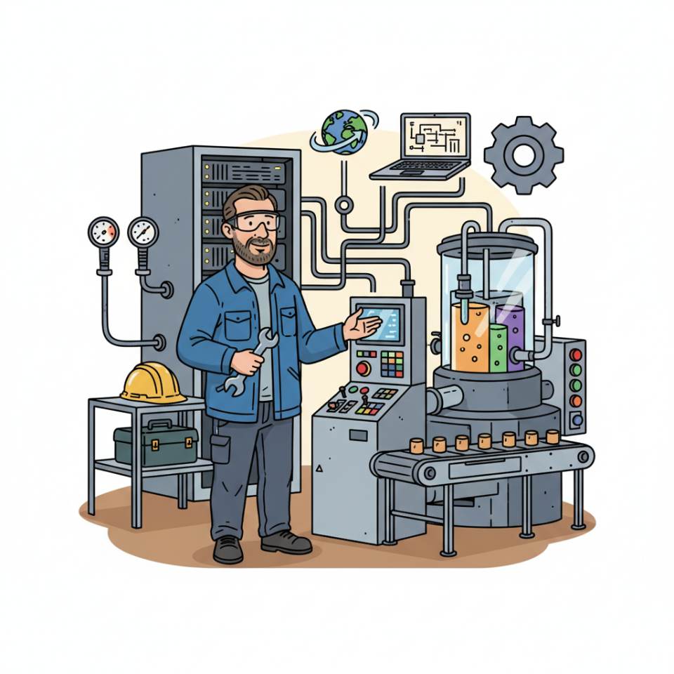 Comic-Darstellung eines Verfahrensmechanikers mit Schutzhelm und Schutzbrille an einer Produktionsanlage in der Kunststoffverarbeitung