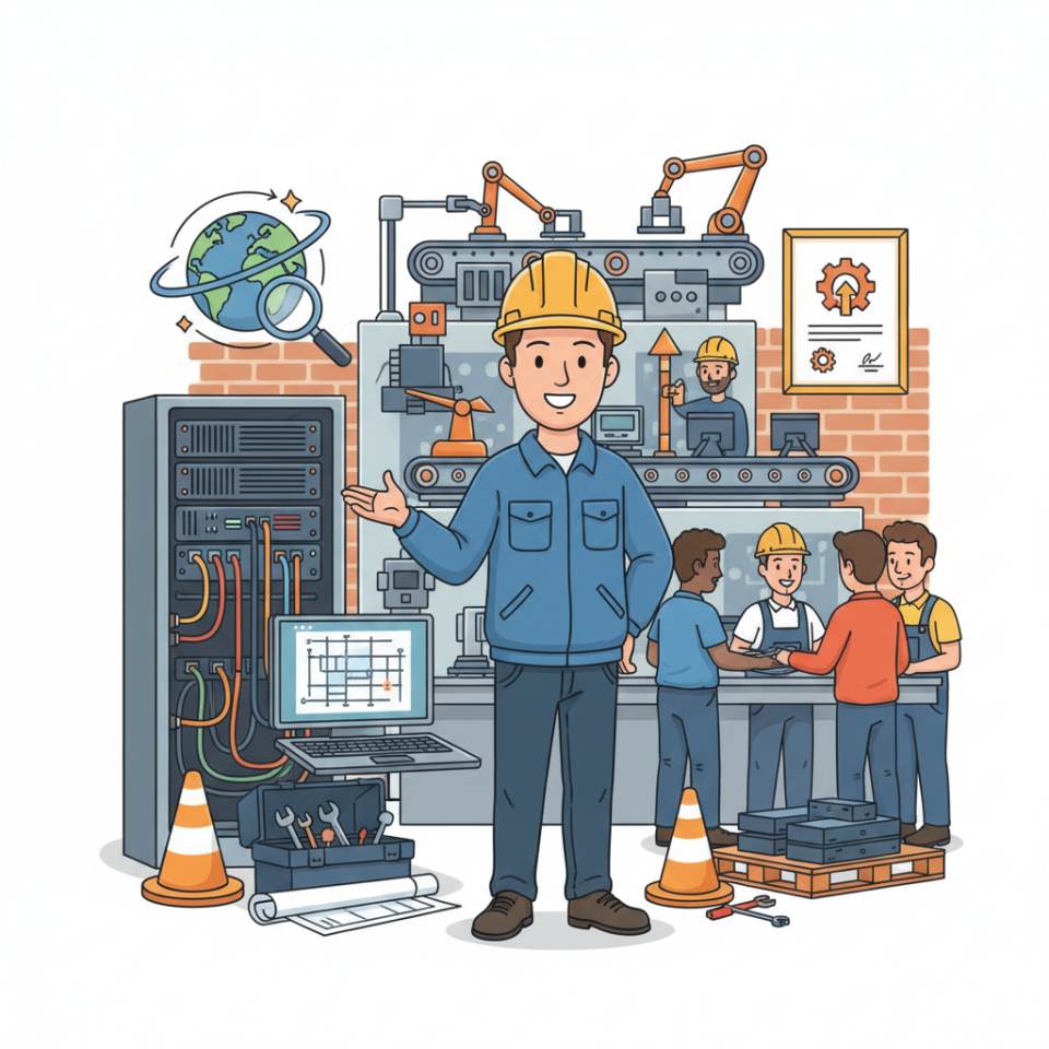 Comic-Darstellung eines Vorarbeiters mit Helm und Plan bei der Koordination einer Arbeitsgruppe in der Werkhalle