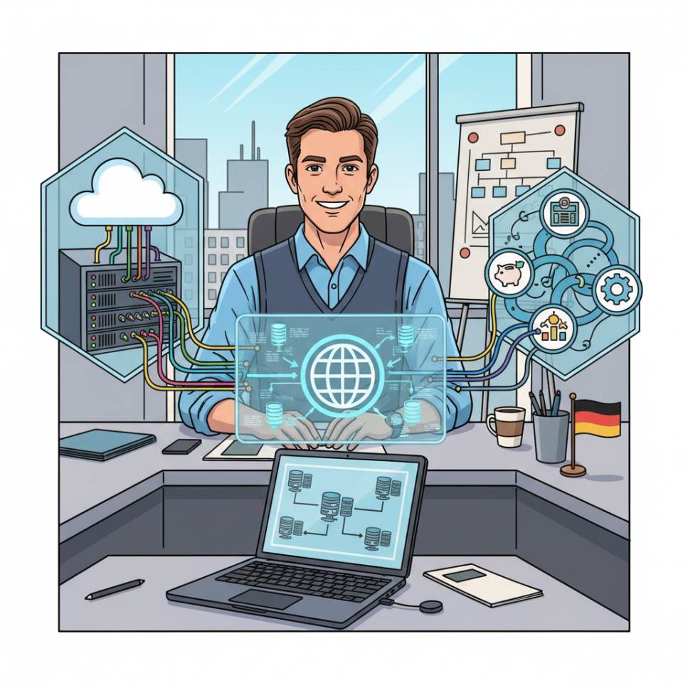 Comic-Darstellung eines Wirtschaftsinformatikers mit Laptop, Prozessdiagramm und digitalen Schnittstellen im modernen Büro