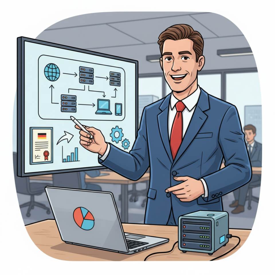 Comic illustration of a consultant with laptop, notepad and presentation slides talking to clients