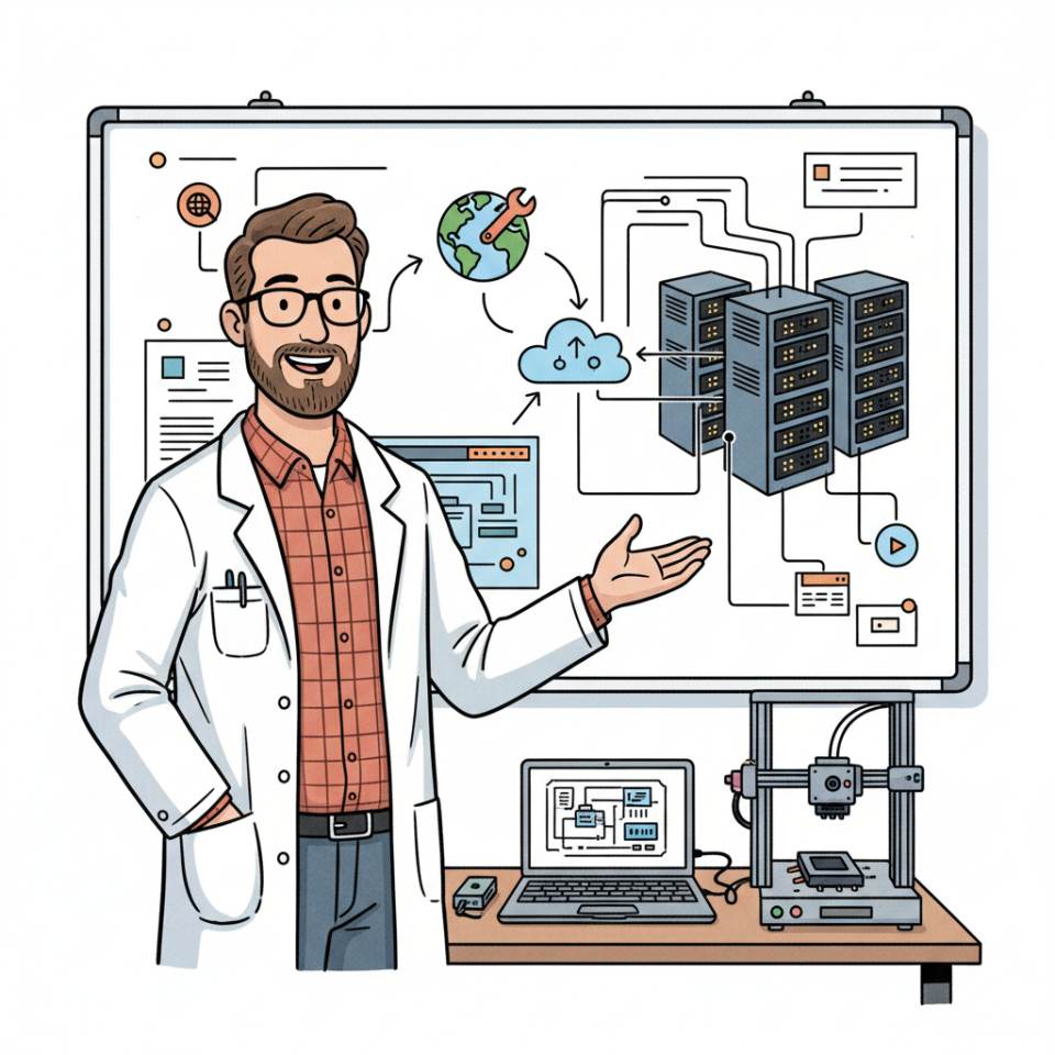 Comic illustration of an engineer with hard hat, plans and laptop at a modern industrial plant