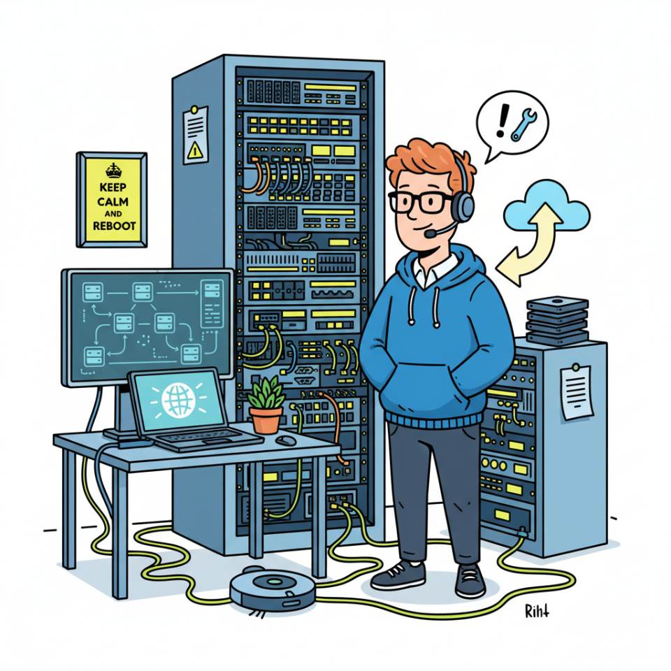 Comic illustration of an IT administrator in front of server racks with a laptop and network diagram