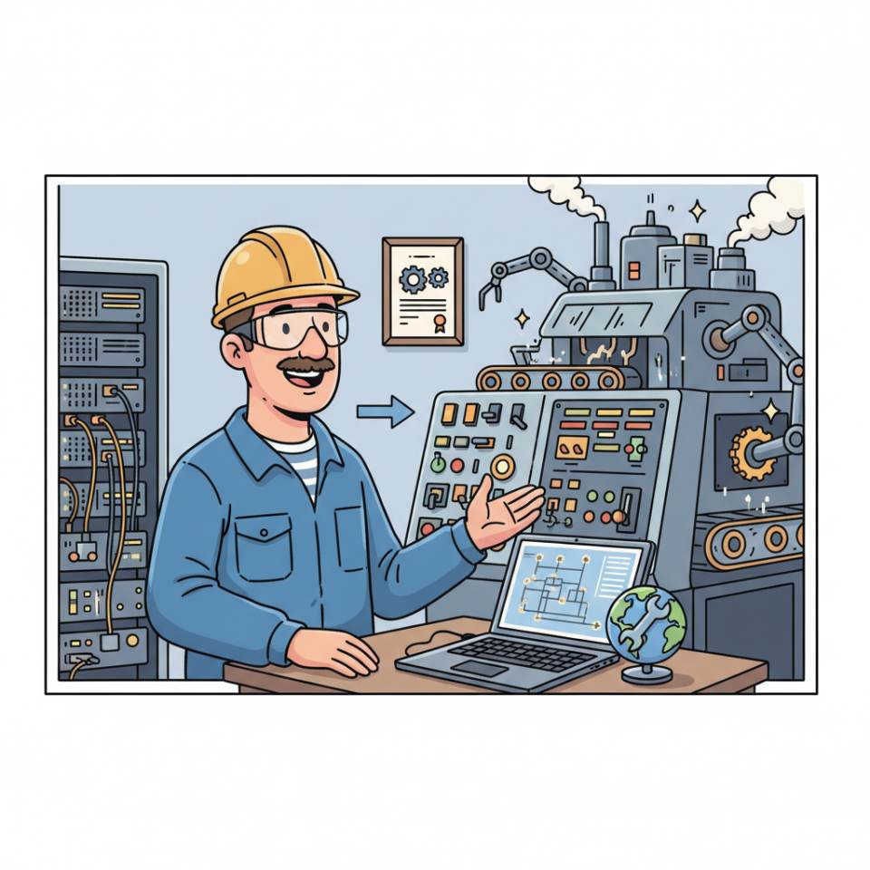 Comic illustration of a machine operator with hearing protection and a high-visibility vest at a running production machine on the shop floor