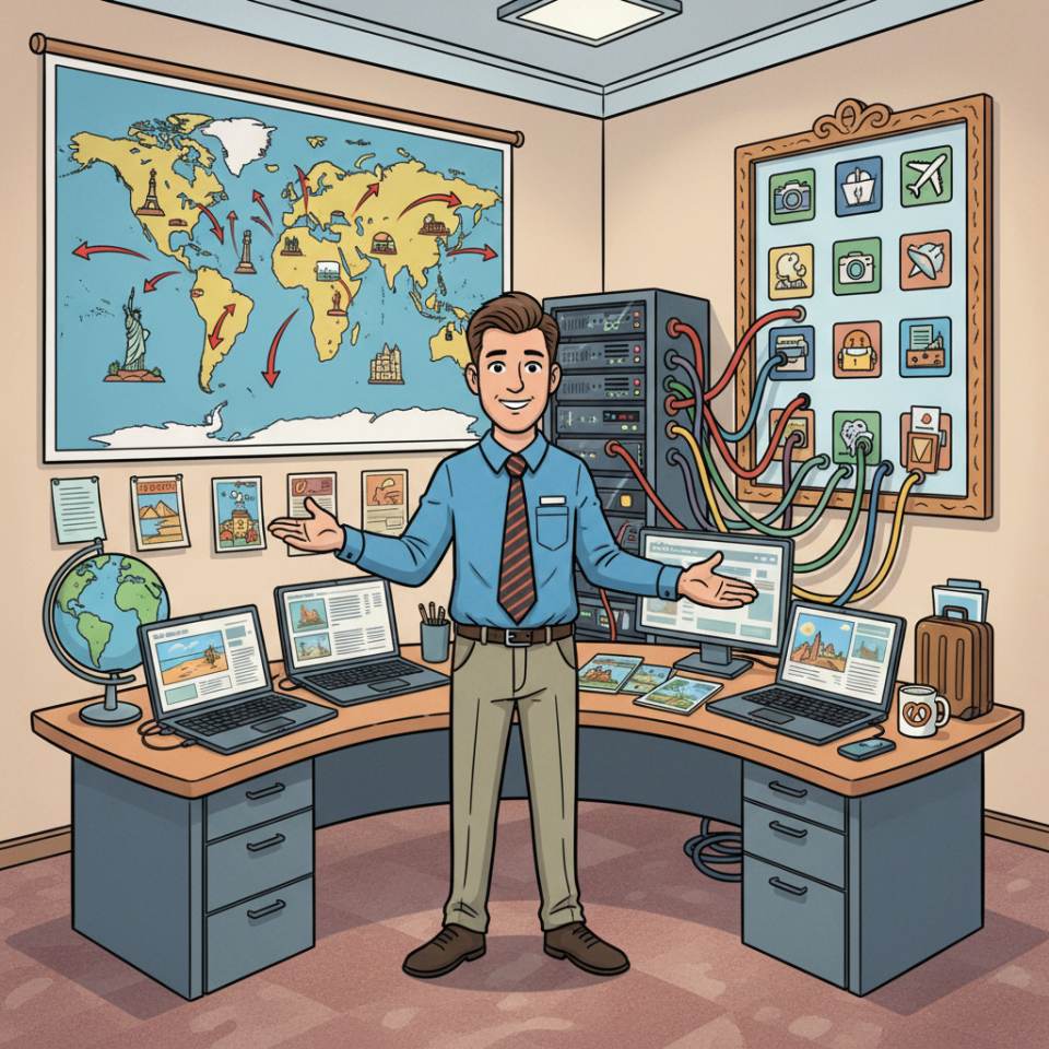 Comic illustration of a travel agent at a desk with a screen, travel documents and customer consultation