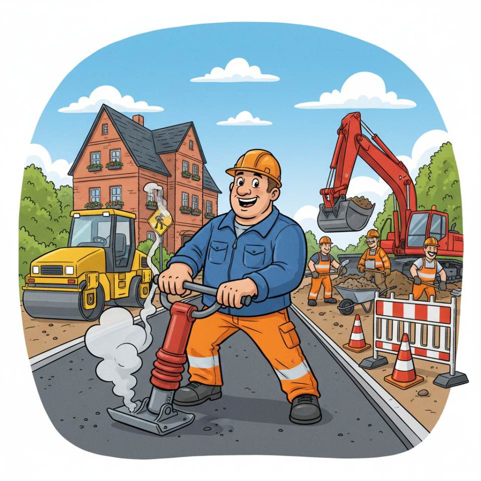 Comic illustration of a road builder with a roller and asphalt constructing a road on a construction site