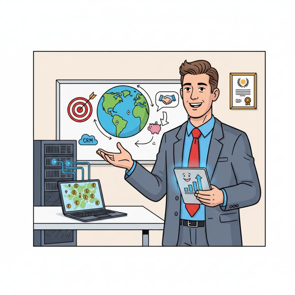 Comic illustration of a sales employee with a laptop, quote and customer advice in office and field sales