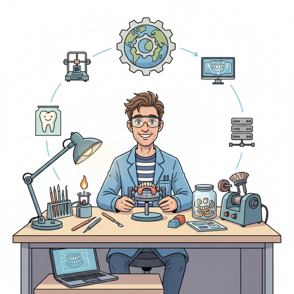 Comic illustration of a dental technician with tweezers and a dental crown at the workbench in a dental laboratory