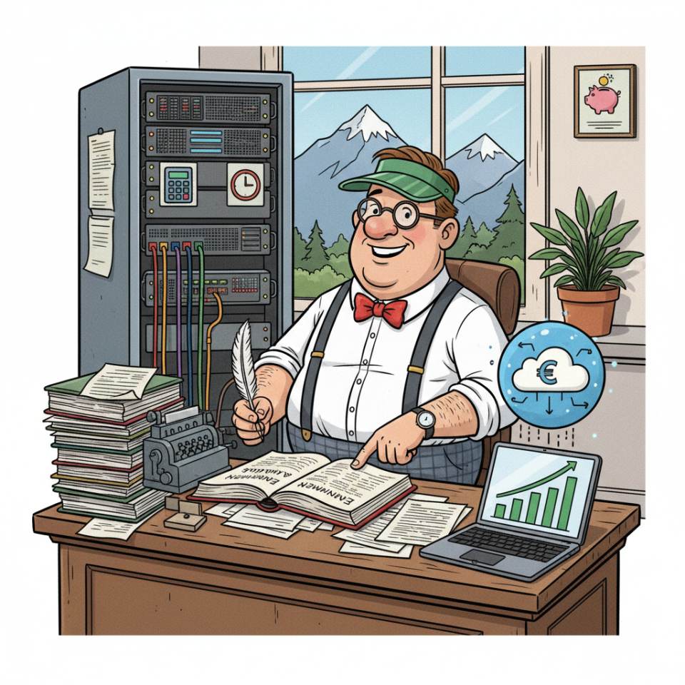 Ilustración tipo cómic de un contable en el escritorio con justificantes, calculadora y software de contabilidad en pantalla