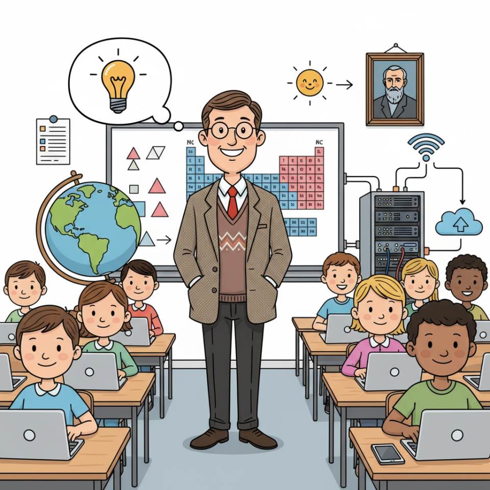 Ilustración cómica de un profesor con pizarra, libros y una clase en el aula