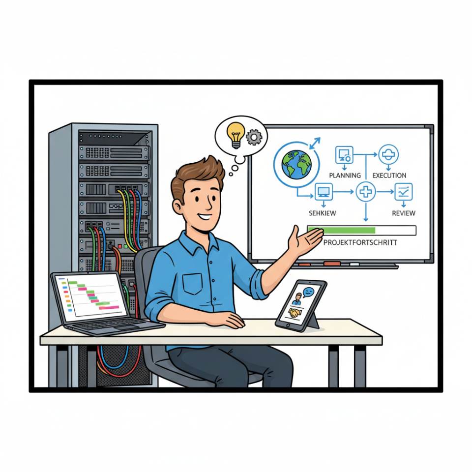 Ilustración cómic de un asistente de proyecto con portátil, plan de proyecto, calendario y documentos de reunión en un escritorio de oficina de proyecto