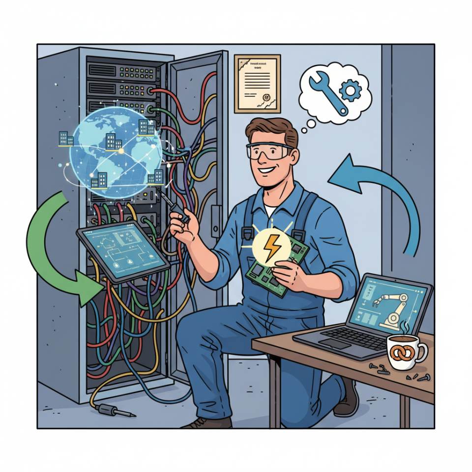 Ilustración tipo cómic de un técnico con planos, instrumentos de medida y esquemas junto a una instalación industrial