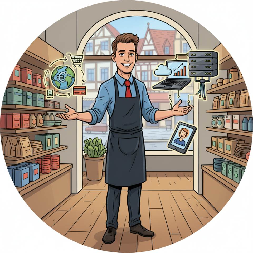 Ilustración cómic de un vendedor en caja asesorando a un cliente en la tienda