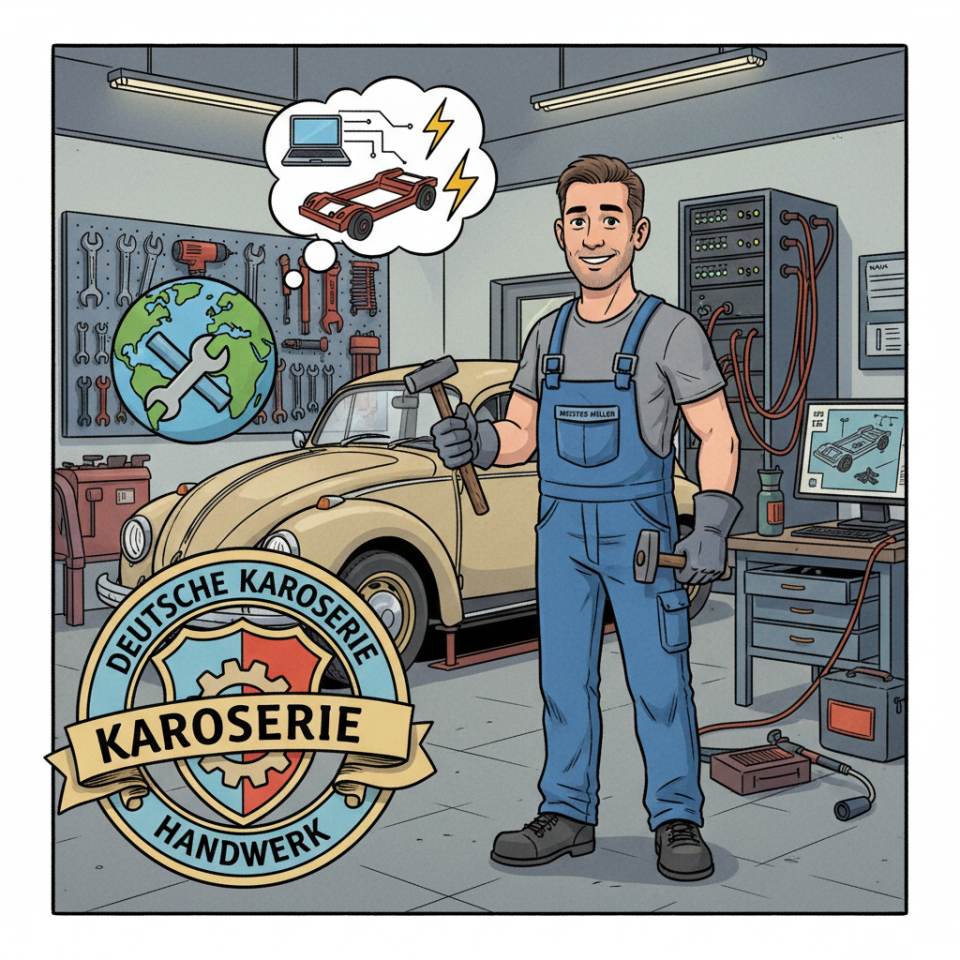 Комикс-изображение кузовного механика со стапелем, измерительной системой и кузовом автомобиля в мастерской