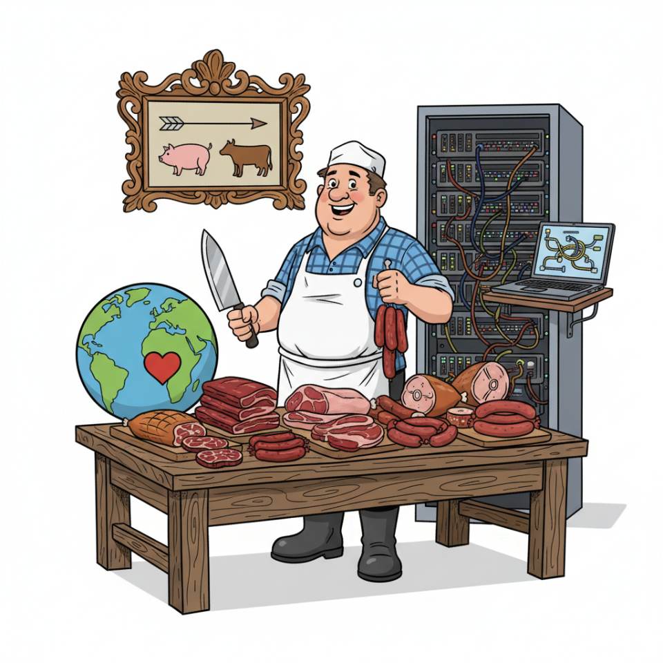 Комикс-изображение мясника в фартуке с ножом и колбасами за прилавком мясной лавки