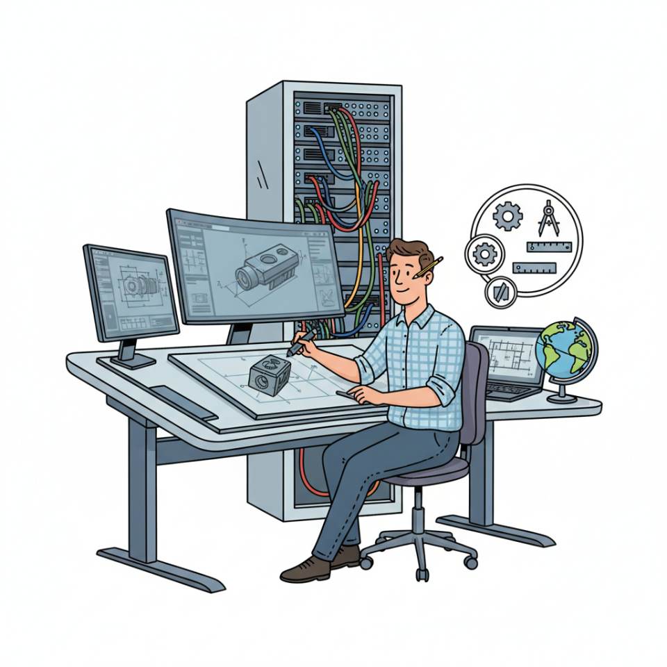 CAD iş istasyonunda teknik çizimler ve 3D modellerle çalışan bir teknik çizimcinin çizgi roman tasviri