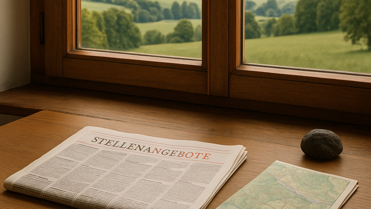 Newspaper with job offers by a window overlooking the Bergisches Land landscape